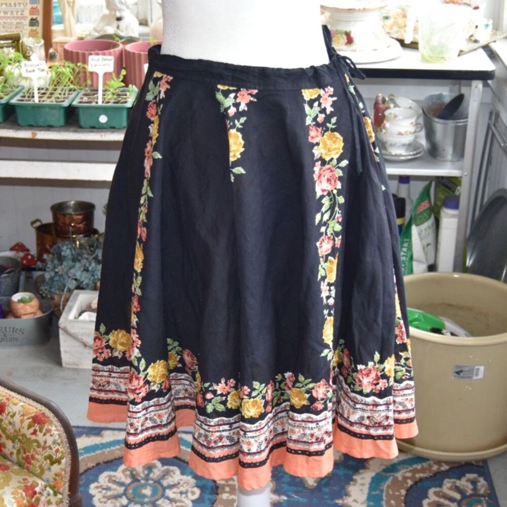Blue Plate Y2K Boho Floral Circle Skirt Black Cotton India Size Large